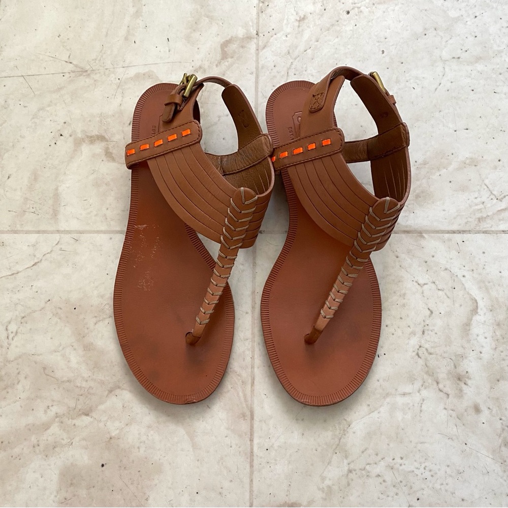 Coach Boho Gladiator Brown Leather T-Strap Low Wedge Thong Sandals Size 6.5